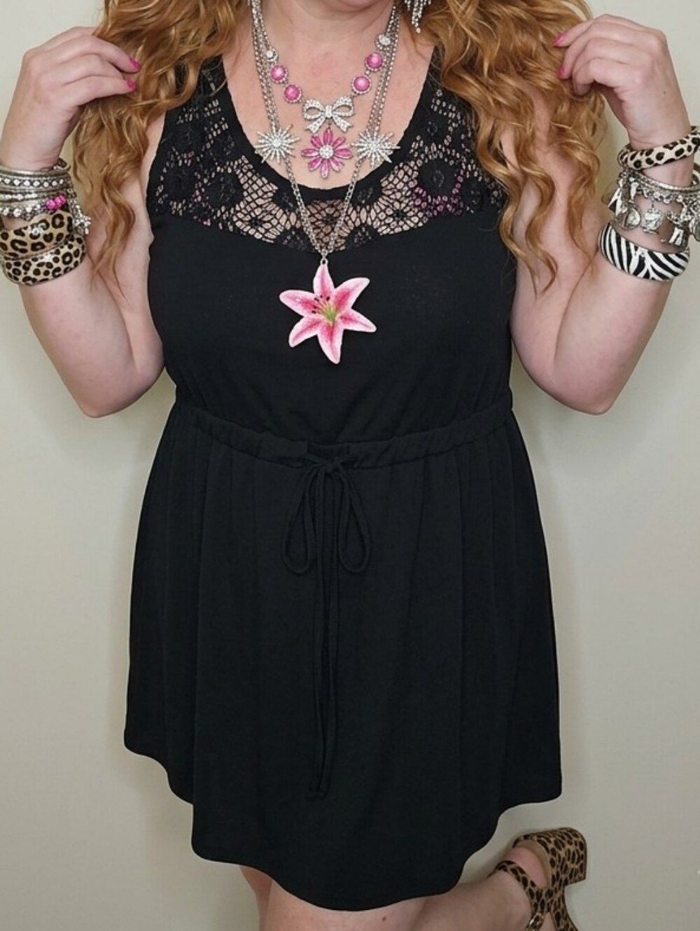 Pacific Beach Elegant Black Lace Top Swim Coverup w/Tie Up Detail Dress
